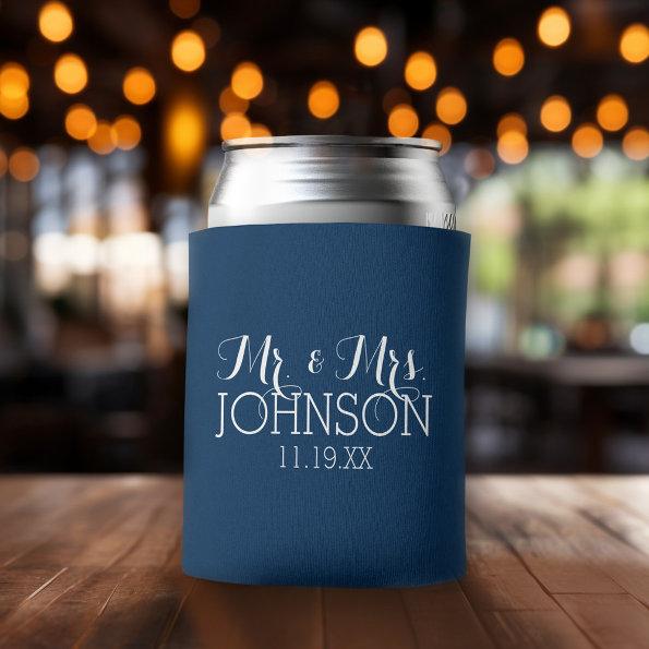 Mr and Mrs Wedding Favor Solid Navy Blue Can Cooler