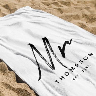 Mr. Modern Black White Minimalist Script  Beach Towel
