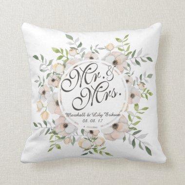 Mr. & Mrs. Floral Watercolor Wedding Throw Pillow