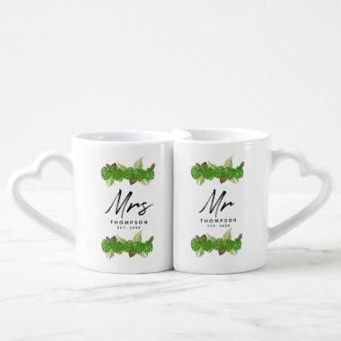Mr. Mrs. Modern Tropical Leaves Minimalist Script Coffee Mug Set