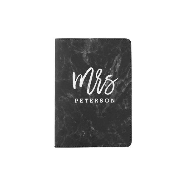 Mrs passport white typography black marble passport holder