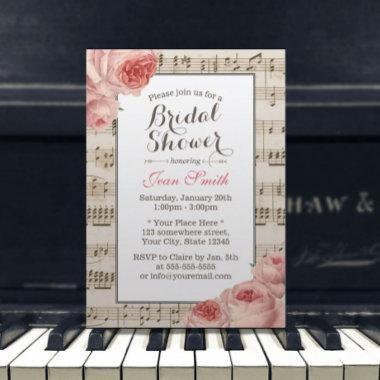 Musical Bridal Shower Vintage Pink Floral Elegant Invitations