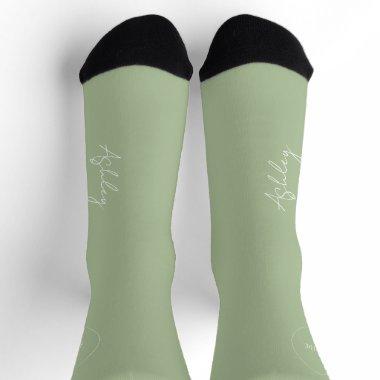 Name script personalized wedding favor sage green socks