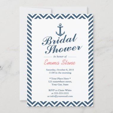 Nautical Anchor Blue Chevron Stripes Bridal Shower Invitations