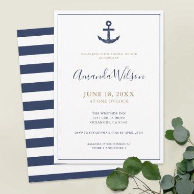Nautical Anchor Blue White Gold Bridal Shower Invitations
