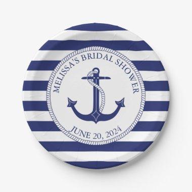 Nautical Anchor Navy Blue Stripe Bridal Shower Paper Plates