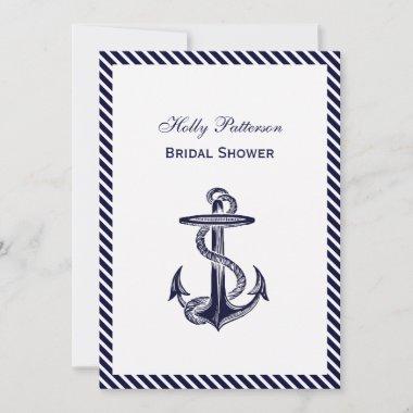 Nautical Anchor Navy Diag Stripe 2V Bridal Shower Invitations