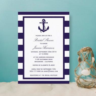 Nautical Anchor Navy Stripe Bridal Shower Invitations