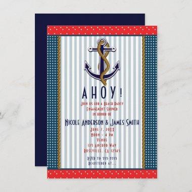 Nautical Anchor Red Polka Dots White Blue Party Invitations