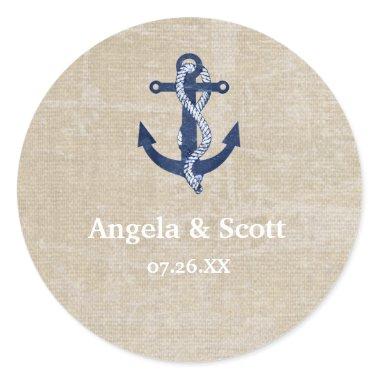 Nautical Anchor Vintage Wedding Party Favor Classic Round Sticker