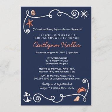 Nautical Beach Navy & Coral Bridal or Baby Shower Invitations