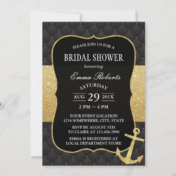 Nautical Bridal Shower Golden Anchor Black & Gold Invitations