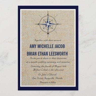 Nautical Compass/Yacht Club Navy Beach Wedding Invitations