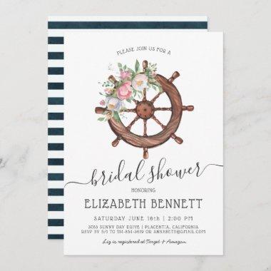 Nautical Floral Ship's Wheel | Bridal Shower Invitations