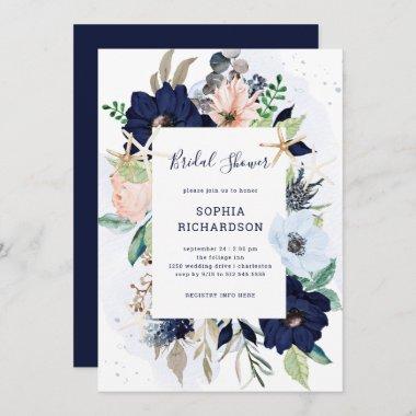 Nautical Flowers | Navy Blue Bridal Shower Invitations