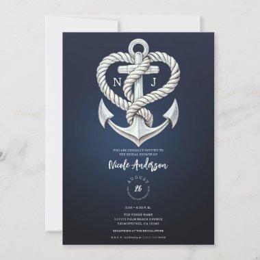 Nautical Heart Rope Anchor Coastal Navy Bridal Invitations