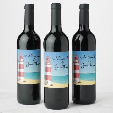 Nautical Lighthouse Beach Wedding Bridal Shower Wine Label