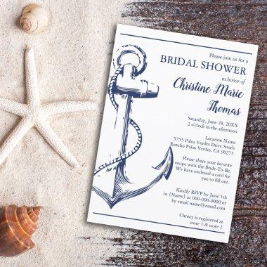 Nautical Navy Anchor Bridal Shower Recipe Request Invitations