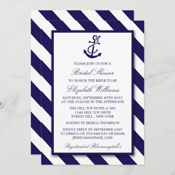 Nautical Stripes & Navy Blue Anchor Bridal Shower Invitations
