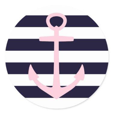 Nautical stripes & pink anchor classic round sticker