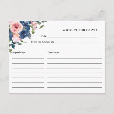 Navy and Blush Watercolor Flowers Recipe Invitations