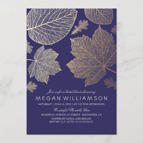 Navy and Gold Leaves Fall Bridal Shower Invitations