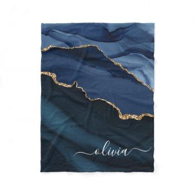 Navy Blue Agate Geode Gold Monogram Fleece Blanket