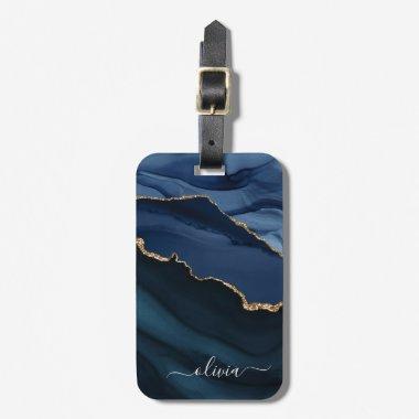 Navy Blue Agate Geode Gold Monogram Luggage Tag