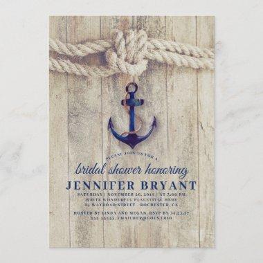 Navy Blue Anchor Rustic Nautical Bridal Shower Invitations