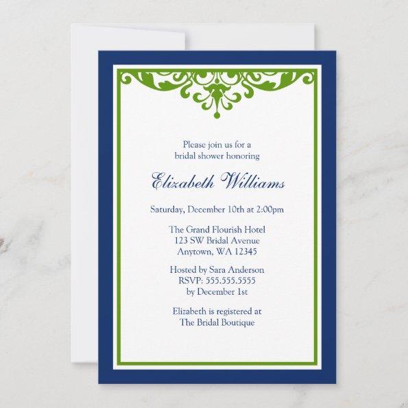 Navy Blue and Green Flourish Bridal Shower Invitations
