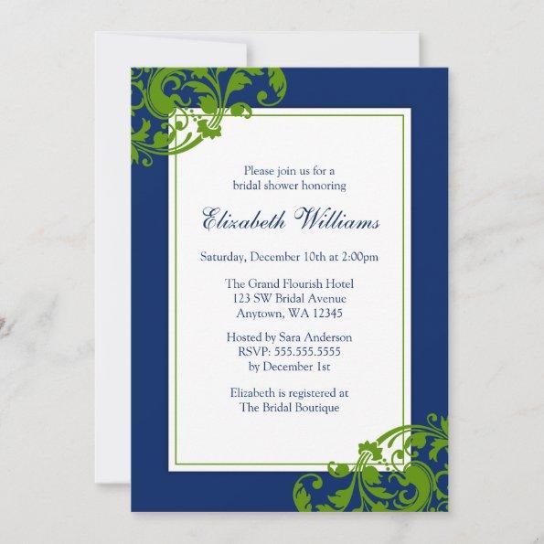 Navy Blue and Green Flourish Swirls Bridal Shower Invitations