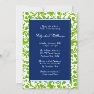 Navy Blue and Green Swirls Damask Bridal Shower Invitations
