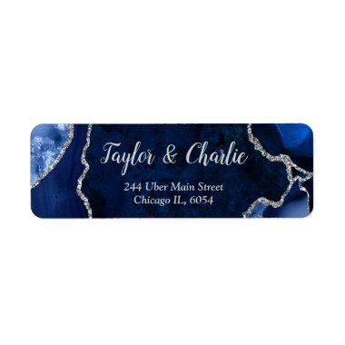 Navy Blue and Silver Agate Marble Wedding Label