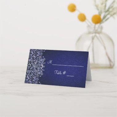 Navy Blue and White Damask Winter Wedding Place Invitations