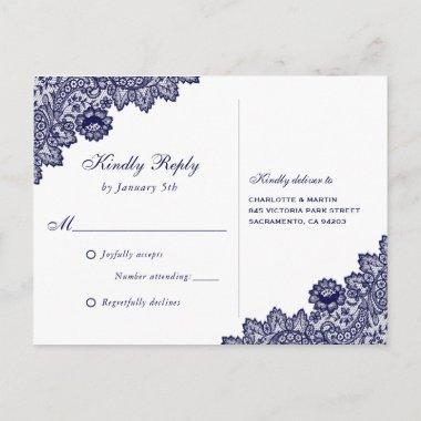 Navy Blue and White Floral Wedding RSVP Invitation PostInvitations