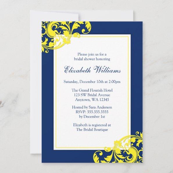 Navy Blue and Yellow Flourish Swirls Bridal Shower Invitations