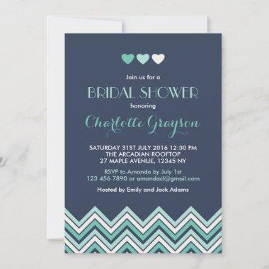 Navy Blue Aqua Chevron Bridal Shower Invitations