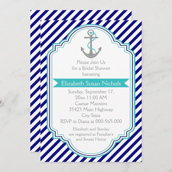 Navy blue, aqua nautical wedding bridal shower Invitations