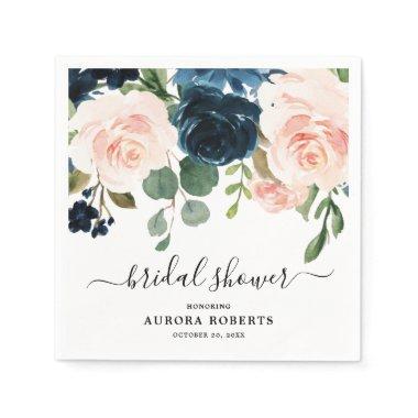 Navy Blue Blush Floral Bridal Shower paper Napkins