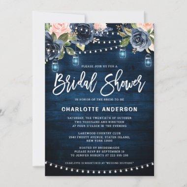 Navy Blue Blush Floral String Light Bridal Shower Invitations