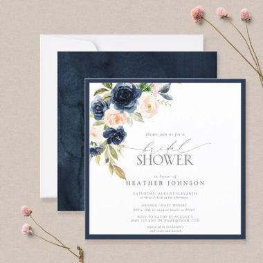 Navy Blue & Blush Floral Watercolor Bridal Shower Invitations