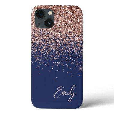 Navy Blue Blush Pink Rose Gold Glitter Monogram iPhone 13 Case