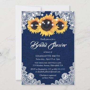Navy Blue Burlap and Lace Sunflower Bridal Shower Invitations