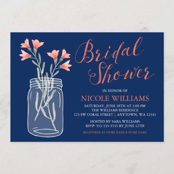 Navy Blue Coral Flowers Mason Jar Bridal Shower Invitations