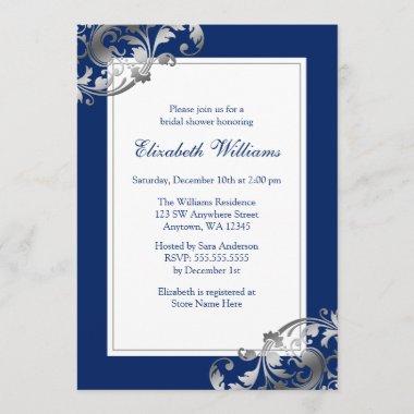 Navy Blue Faux Silver Flourish Swirl Bridal Shower Invitations