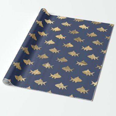 Navy Blue Gold Metallic Shark Pattern Wrapping Paper