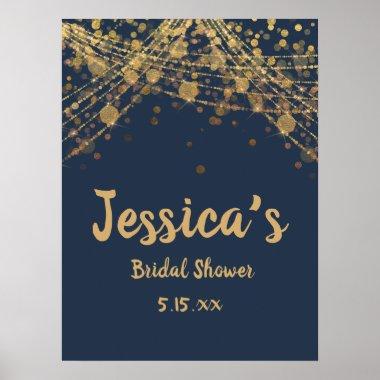 Navy Blue Gold String Lights Bokeh Bridal Shower Poster