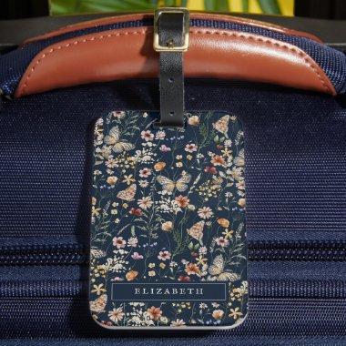 Navy Blue Monogram Floral Luggage Tag