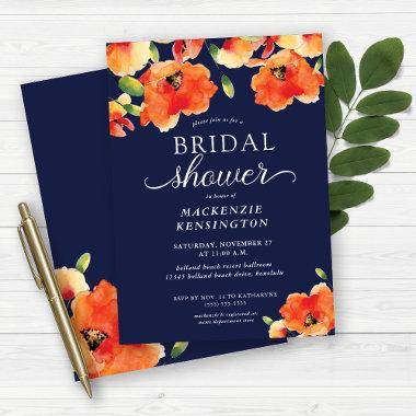 Navy Blue Orange Golden Poppy Bridal Shower Invitations
