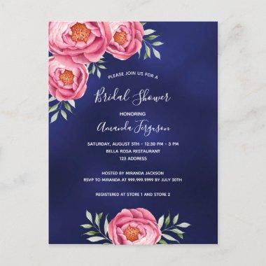 Navy blue pink florals Bridal Shower invitation PostInvitations